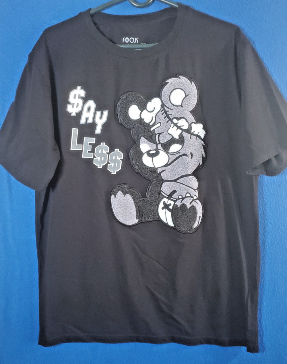 Focus Shirt Men 2XL Black Graphic Tee Say Less Teddy Bear Streetwear Casual Hip